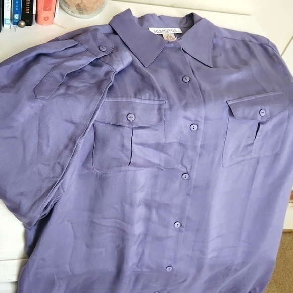 Silhouette Tops - 100% Silk Button Down Blouse 1X Purple   office lagenlook career Party